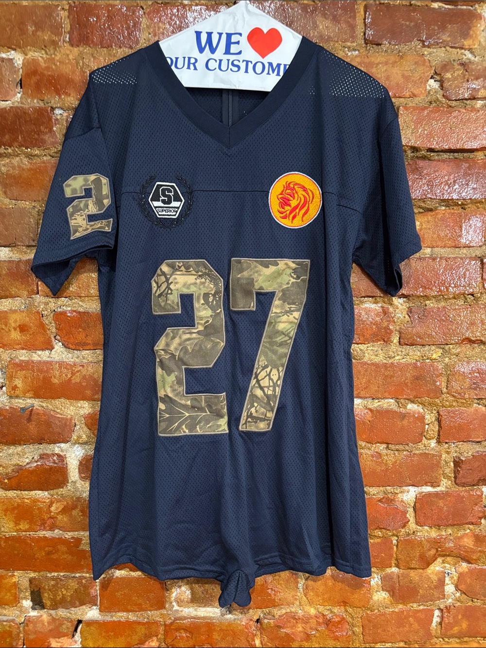 Navy Mesh Jersey Romperwith Camo '27' & Lion Patch